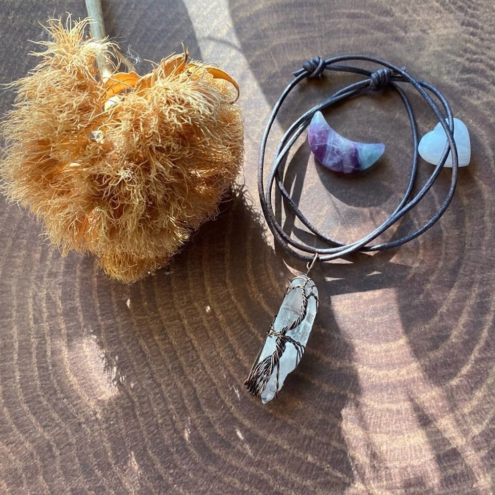 Tree Of Life Copper Wrapped Clear Quartz Leather Adjustable Boho Necklace
